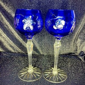 Blue Cut to Clear Crystal Grape 8" Wine Hock Glass Set of 2